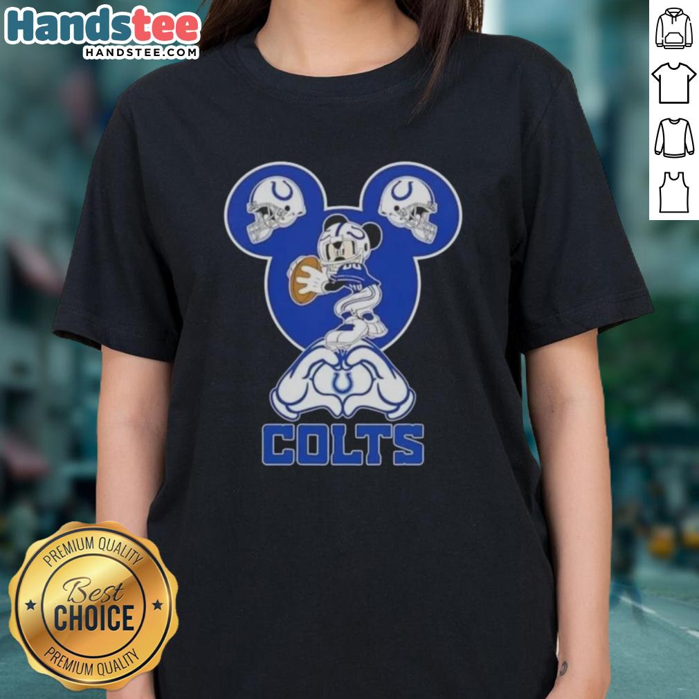 Alt Text: Official Mickey hands forming a heart on Indianapolis Colts football ladies tee, perfect for fans and casual wear.