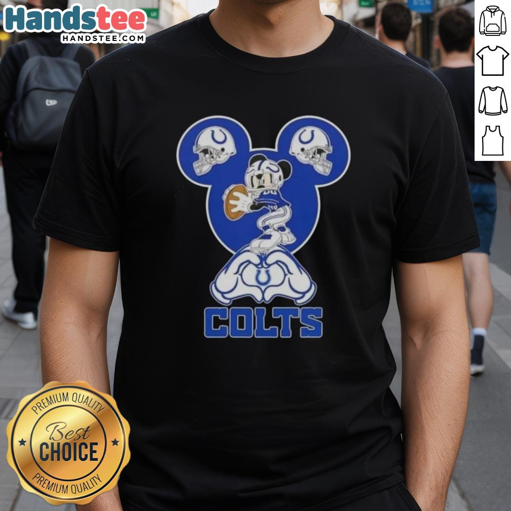 Official Mickey Hands Heart Love T-Shirt for Indianapolis Colts fans, blending Disney charm with football spirit.