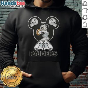 Alt Text: Official Mickey Hands Heart Love hoodie for Las Vegas Raiders football fans, featuring a stylish design and team colors.