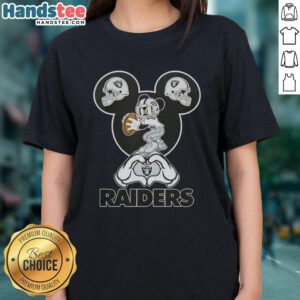 Official Mickey Hands Heart Love Las Vegas Raiders Football Ladies Tee design featuring playful Mickey Mouse graphics.