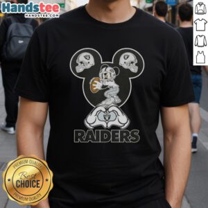 Official Mickey Hands Heart Love T-Shirt for Las Vegas Raiders Football fans, showcasing team spirit and playful design.