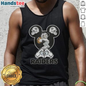 Alt Text: Official Mickey Hands Heart Love Las Vegas Raiders Football Tank Top featuring iconic Disney design.