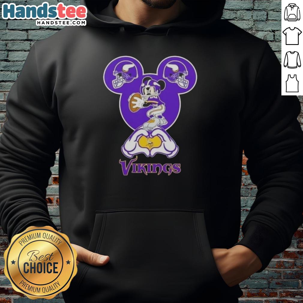 Alt Text: Official Mickey Hands Heart Love Minnesota Vikings Football Hoodie featuring a unique design for fans.