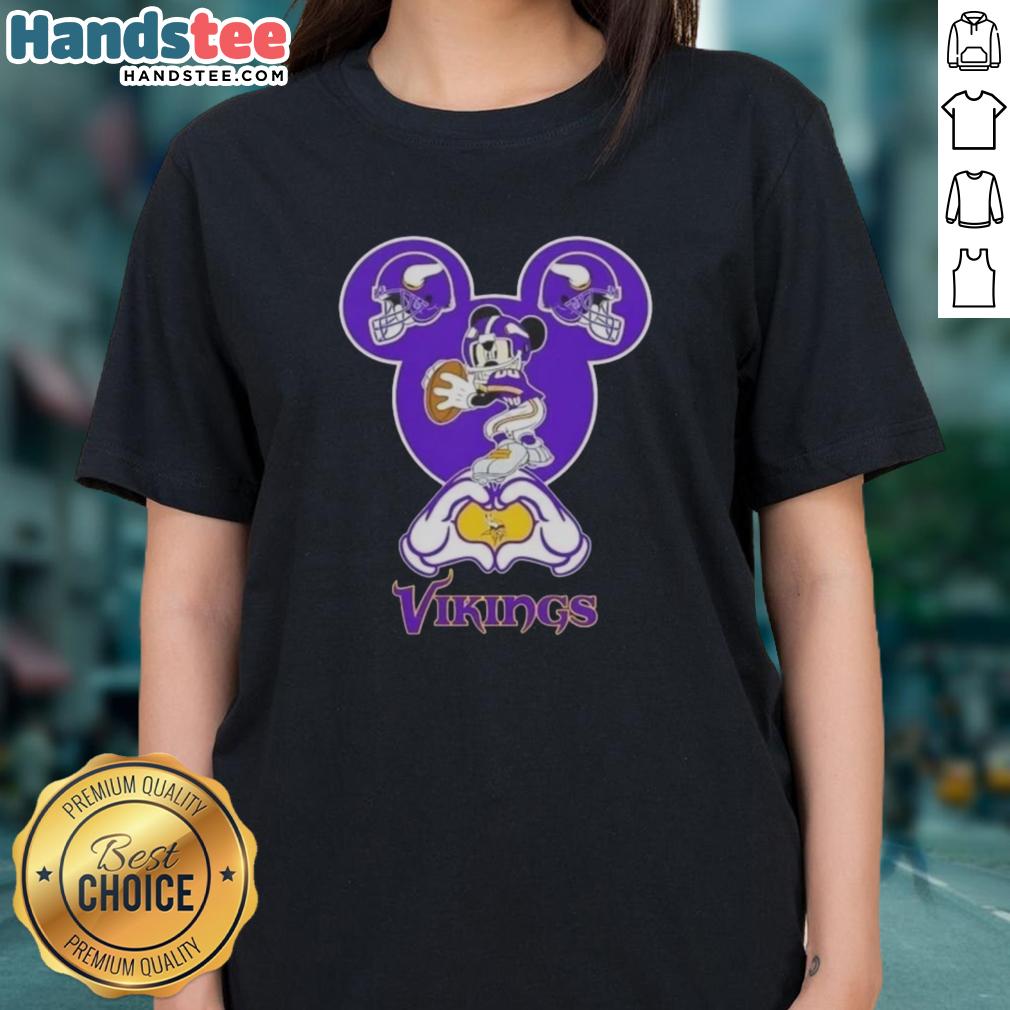 Official Mickey Hands Heart Love Minnesota Vikings Football Ladies Tee featuring vibrant graphics and stylish design.
