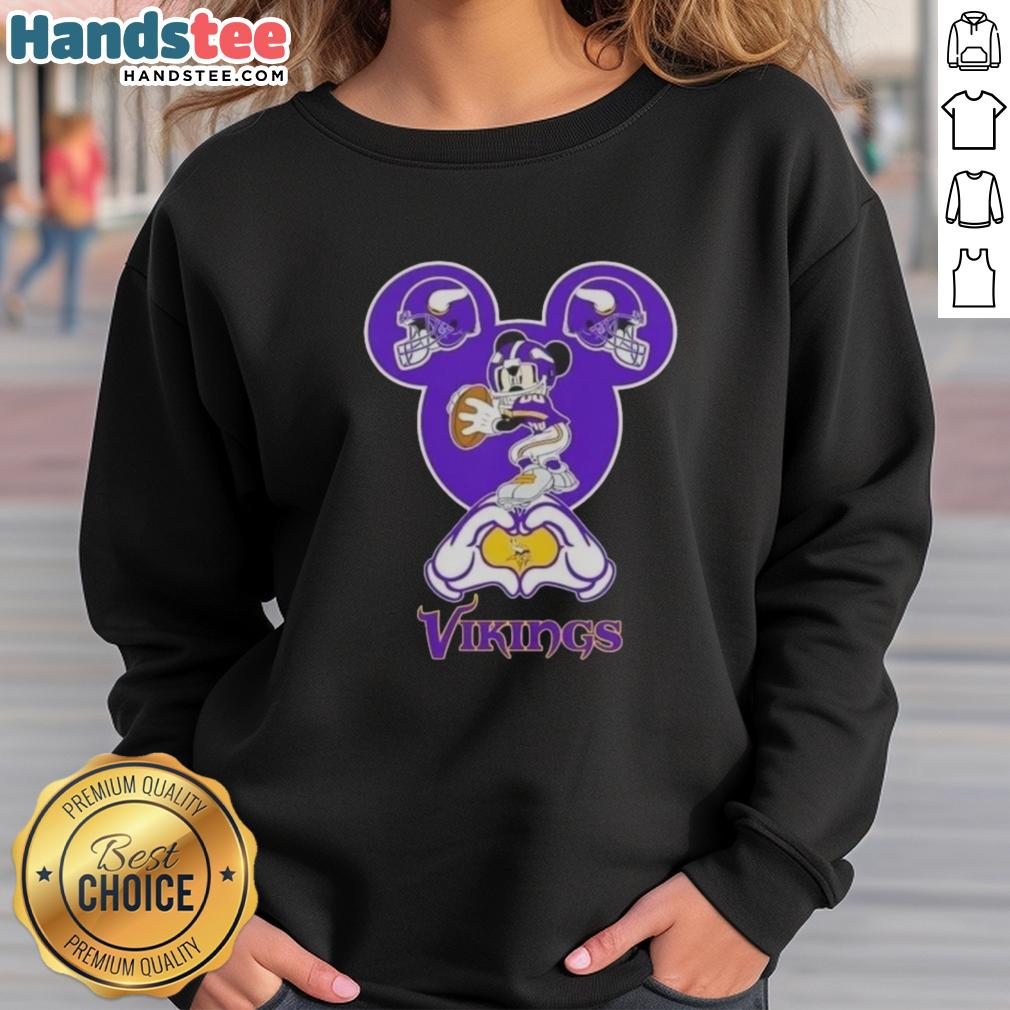 Alt Text: Official Mickey Hands Heart Love Minnesota Vikings Football Sweatshirt showcasing team spirit and style.