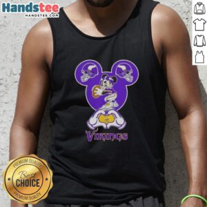 Alt Text: Official Mickey Hands Heart Love Minnesota Vikings Football Tank Top design featuring Mickey Mouse and team colors.