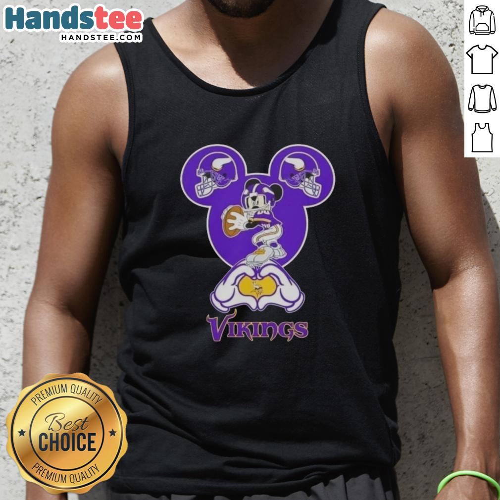 Alt Text: Official Mickey Hands Heart Love Minnesota Vikings Football Tank Top design featuring Mickey Mouse and team colors.