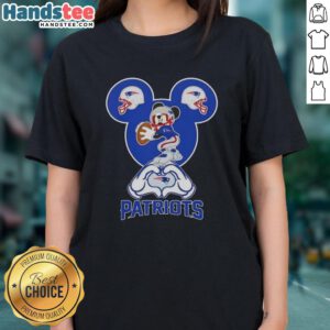 Official Mickey Hands Heart Love New England Patriots Football Ladies Tee design featuring Mickey Mouse and team colors.