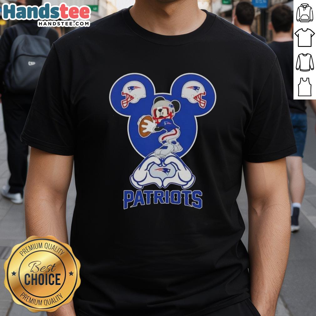 Official Mickey Hands Heart Love T-Shirt for New England Patriots fans, showcasing team spirit and Disney charm.