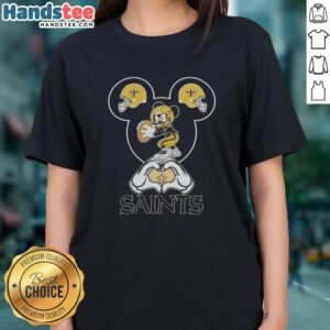 Alt Text: Ladies tee featuring Mickey hands forming a heart for New Orleans Saints football fans, perfect for game day.
