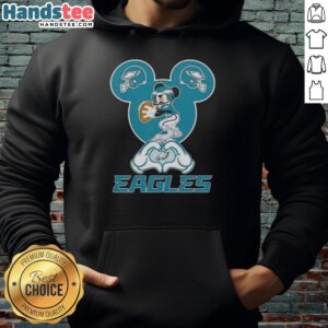 Alt Text: Official Mickey Hands Heart Love hoodie for Philadelphia Eagles fans, featuring vibrant Disney and NFL branding.