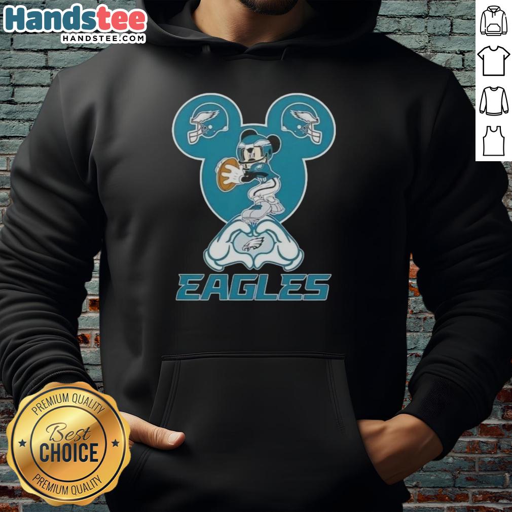 Alt Text: Official Mickey Hands Heart Love hoodie for Philadelphia Eagles fans, featuring vibrant Disney and NFL branding.