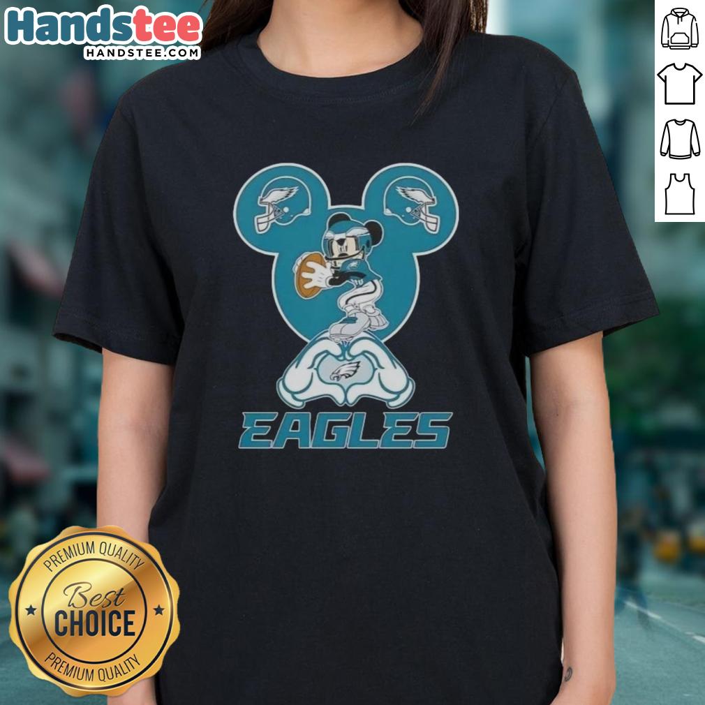 Alt Text: Official Mickey Hands Heart Love Philadelphia Eagles Football Ladies Tee featuring a vibrant graphic design.