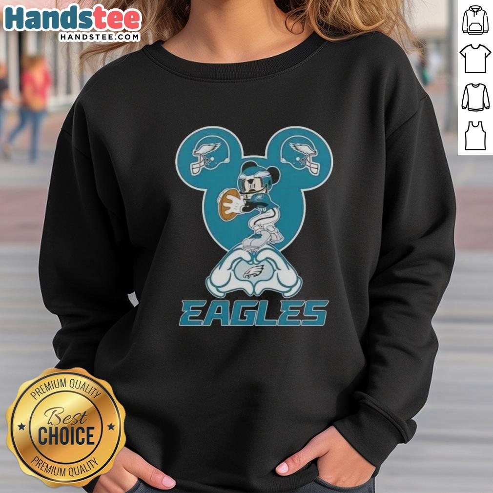 Alt Text: Official Mickey Hands Heart Love sweatshirt for Philadelphia Eagles football fans, featuring vibrant colors and a cozy design.