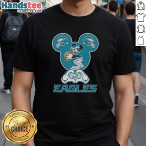 Official Mickey Hands Heart Love Philadelphia Eagles Football T-Shirt featuring iconic Mickey Mouse design and team spirit.