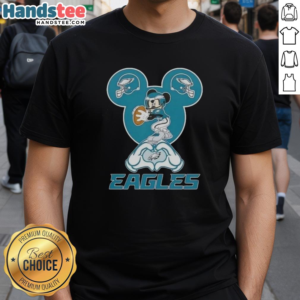 Official Mickey Hands Heart Love Philadelphia Eagles Football T-Shirt featuring iconic Mickey Mouse design and team spirit.
