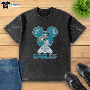 Alt Text: Official Mickey Hands Heart Love Philadelphia Eagles Football T-Shirt, perfect for fans showing team spirit.
