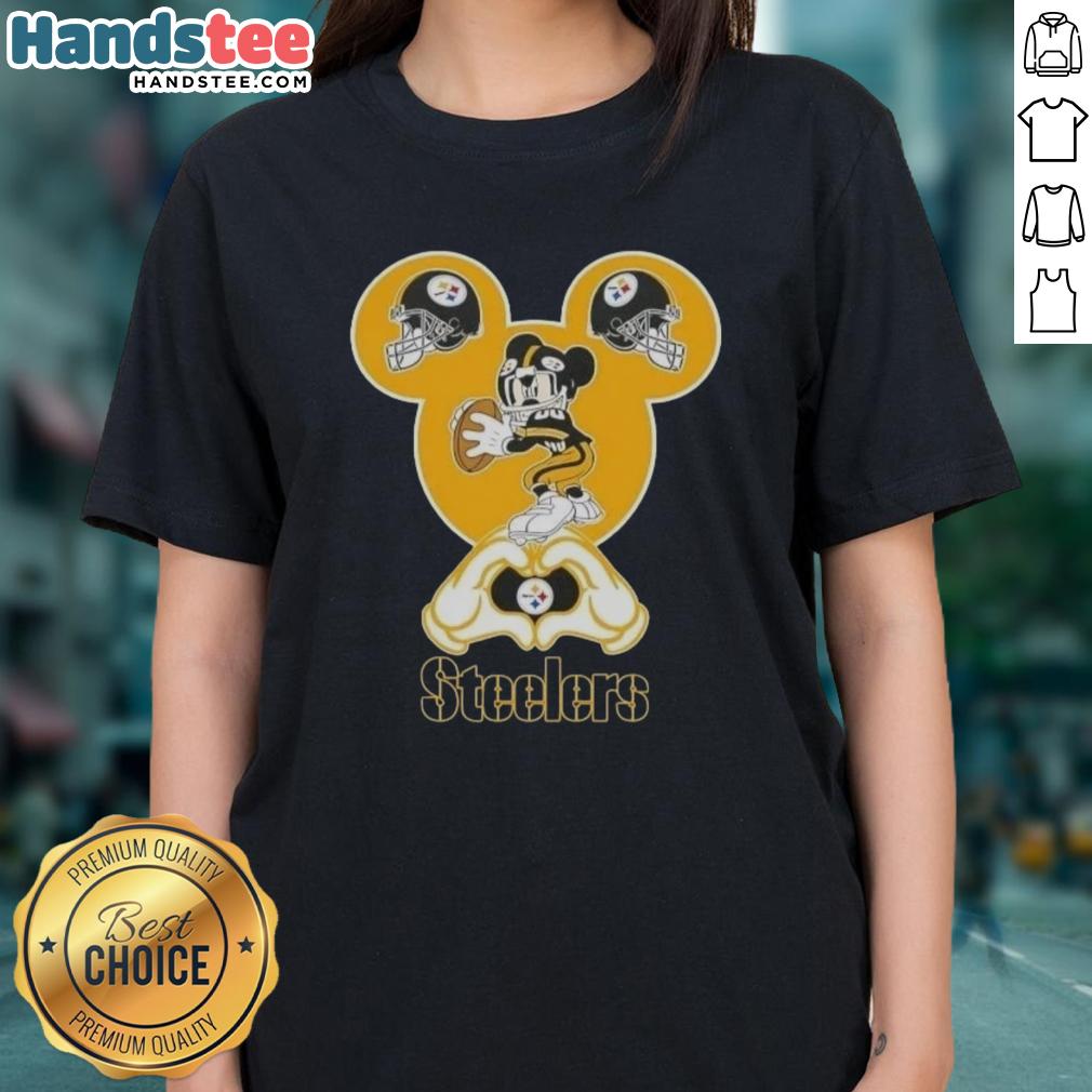 Official Mickey Hands Heart Love design on Pittsburgh Steelers Football Ladies Tee for passionate fans.