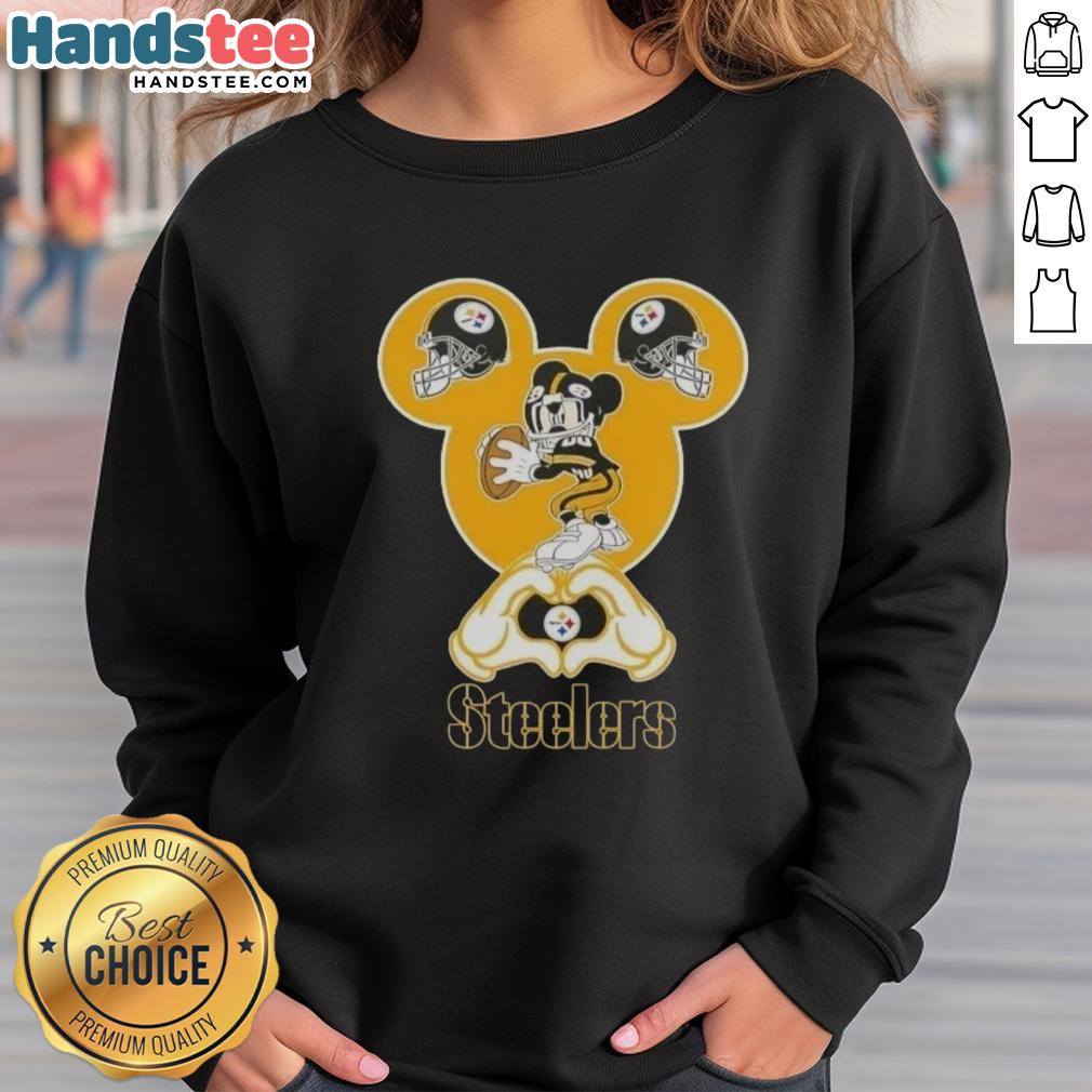 Alt Text: Official Mickey Hands Heart Love sweatshirt for Pittsburgh Steelers fans, perfect for showing team spirit.
