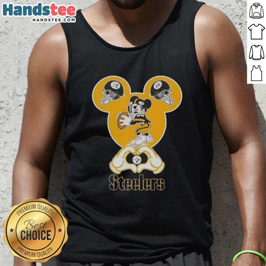 Official Mickey Hands Heart Love Pittsburgh Steelers Football Tank Top for fans, featuring iconic Mickey design.