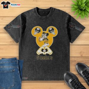Official Mickey Hands Heart Love Pittsburgh Steelers Football Washed T-Shirt featuring Mickey Mouse and team logo design.