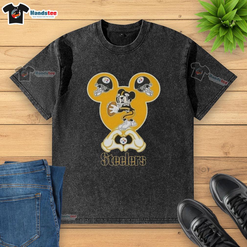 Official Mickey Hands Heart Love Pittsburgh Steelers Football Washed T-Shirt featuring Mickey Mouse and team logo design.