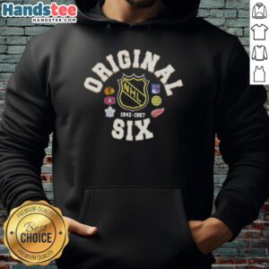 Alt Text: Official NHL Original Six Crest Hockey Hoodie featuring team logos and a stylish design for fans and players.