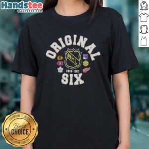 Official NHL Original Six Crest Hockey Ladies Tee featuring team logos and stylish design for female fans.