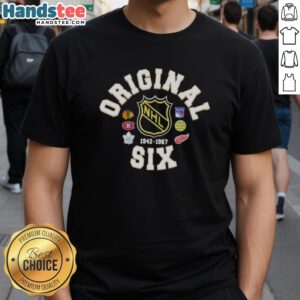 Official NHL Original Six Crest Hockey T-Shirt featuring team logos and classic design for fans of hockey apparel.