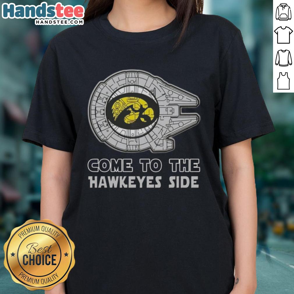 Official Star Wars Come to the Iowa Hawkeyes Side Ladies Tee featuring a stylish design for fans and women supporters.