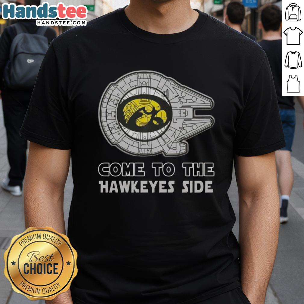 Alt Text: Official Star Wars Come To The Iowa Hawkeyes Side T-Shirt featuring iconic characters and team colors for fans.