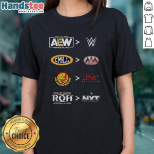 Original More Comparative AEW WWE CMLL AAA NJPW TNA ROH NXT 2025 Ladies Tee featuring wrestling logos and vibrant design.