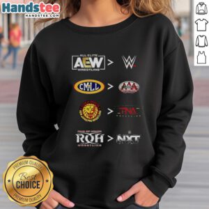 Original More Comparative AEW WWE CMLL AAA NJPW TNA ROH NXT 2025 sweatshirt featuring wrestling logos and vibrant colors.