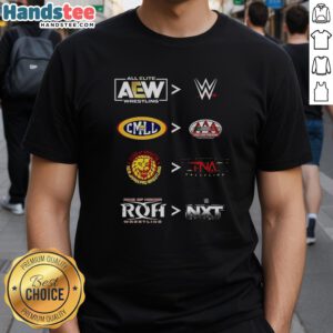 Original AEW WWE CMLL AAA NJPW TNA ROH NXT 2025 T-shirt featuring vibrant designs and logos of popular wrestling promotions.