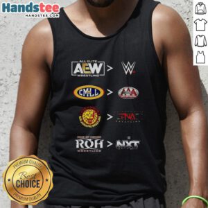 Original More Comparative Tank Top featuring AEW, WWE, CMLL, AAA, NJPW, TNA, ROH, and NXT logos for 2025.