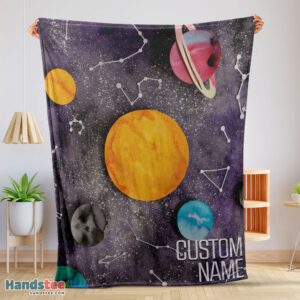Premium Outer Space Galaxy Watercolor Planets & Stars Blanket Fleece Customized Blanket