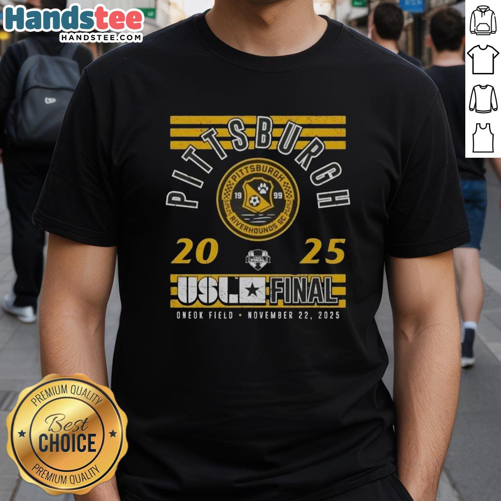 Alt Text: Premium Pittsburgh Riverhounds SC 2025 USL Championship Final T-Shirt featuring team logo and vibrant design.