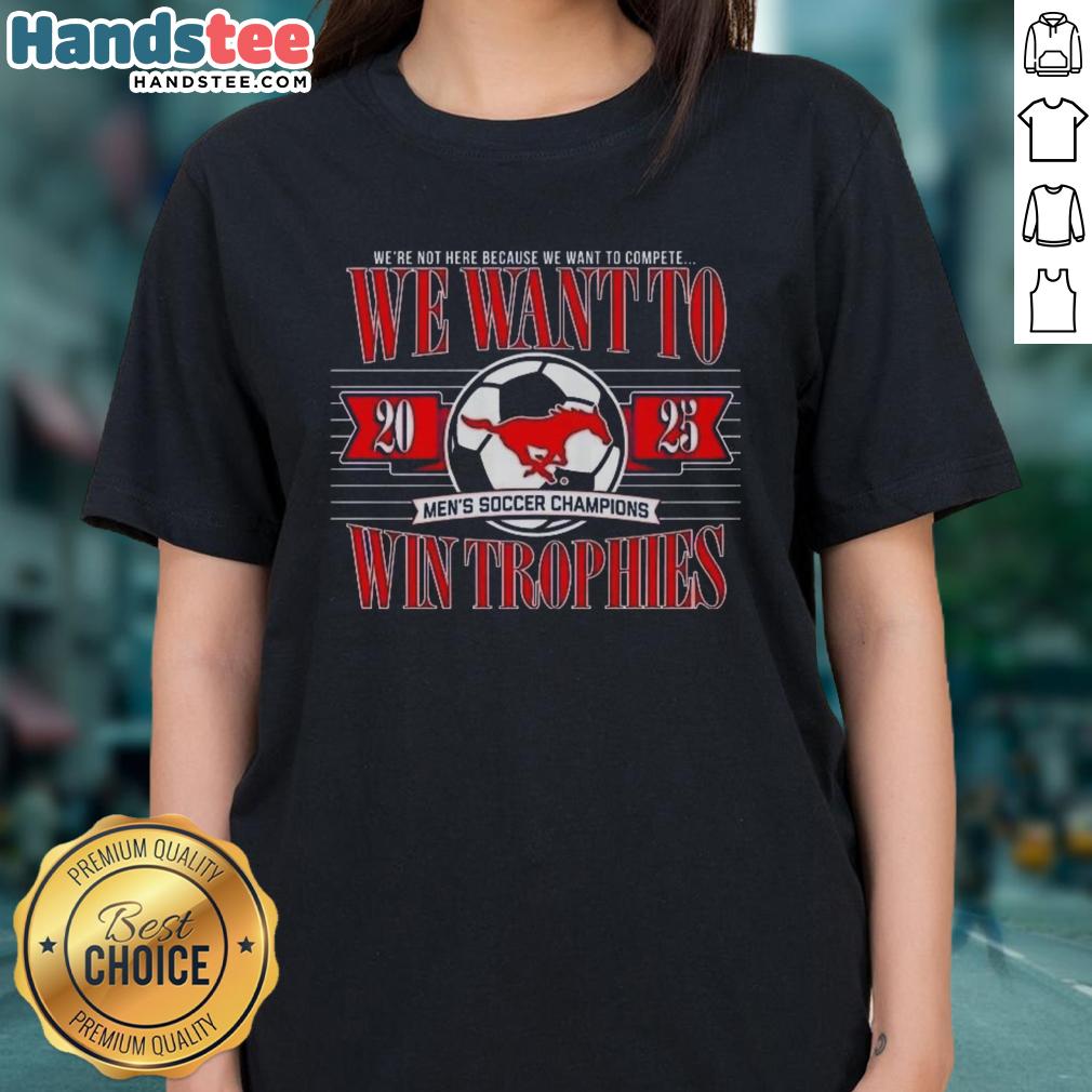 Premium SME Mustangs men's soccer champions tee for ladies, celebrating trophy wins in stylish design.