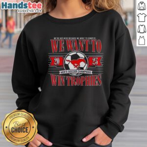 Premium SME Mustangs Men's Soccer Champions sweatshirt showcasing team spirit and trophy celebration.