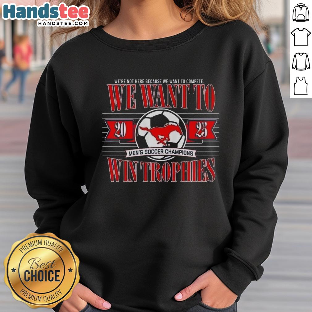 Premium SME Mustangs Men's Soccer Champions sweatshirt showcasing team spirit and trophy celebration.