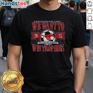 Alt Text: Premium SMU Mustangs Men's Soccer Champions T-Shirt celebrating trophy wins with vibrant design and team logo.