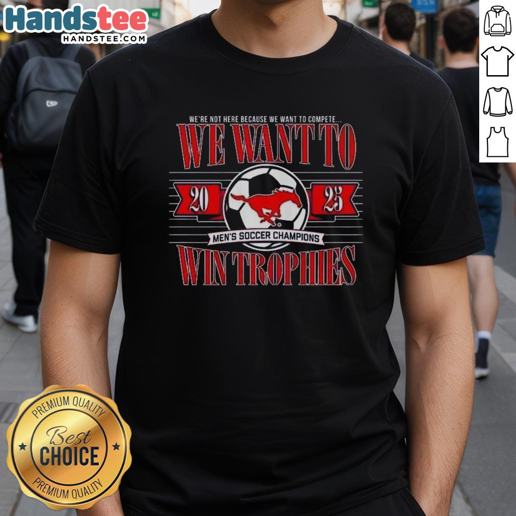 Alt Text: Premium SMU Mustangs Men's Soccer Champions T-Shirt celebrating trophy wins with vibrant design and team logo.