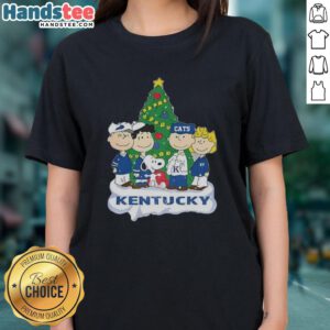 Alt Text: Premium Snoopy and Fiends Kentucky Wildcats Christmas ladies tee featuring festive graphics and vibrant colors.