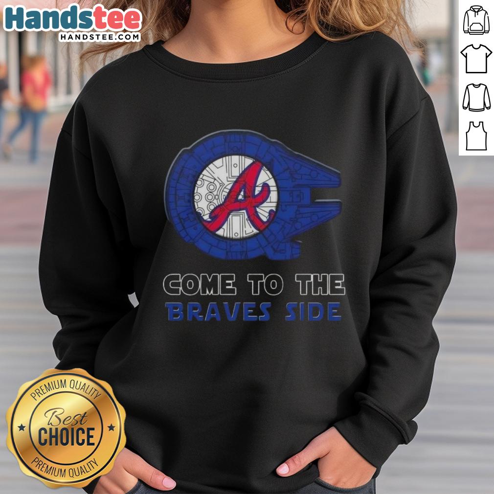 Premium Star Wars Atlanta Braves side sweatshirt featuring iconic characters and team logo, perfect for fans and collectors.