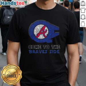 Premium Star Wars Come To The Atlanta Braves Side T-Shirt featuring iconic characters and Braves logo, perfect for fans.