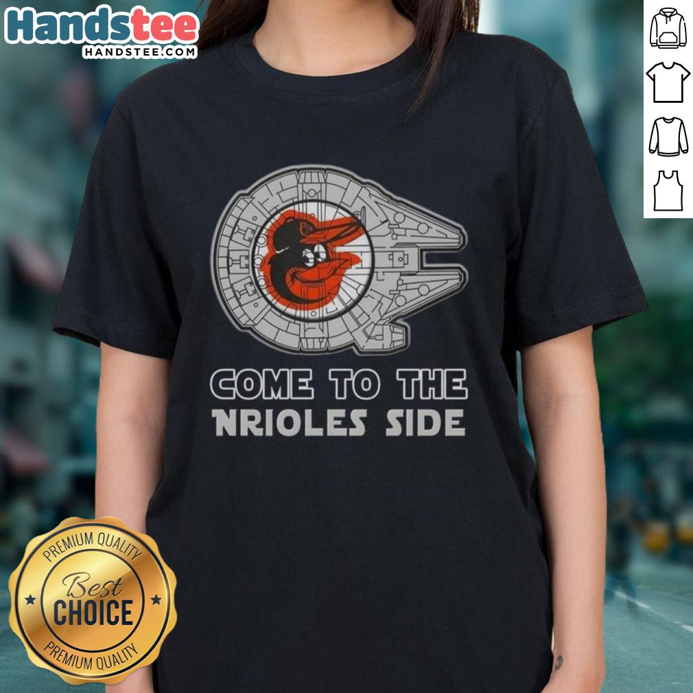 Premium Star Wars Come to the Baltimore Orioles Side Ladies Tee featuring unique design for fans and collectors.