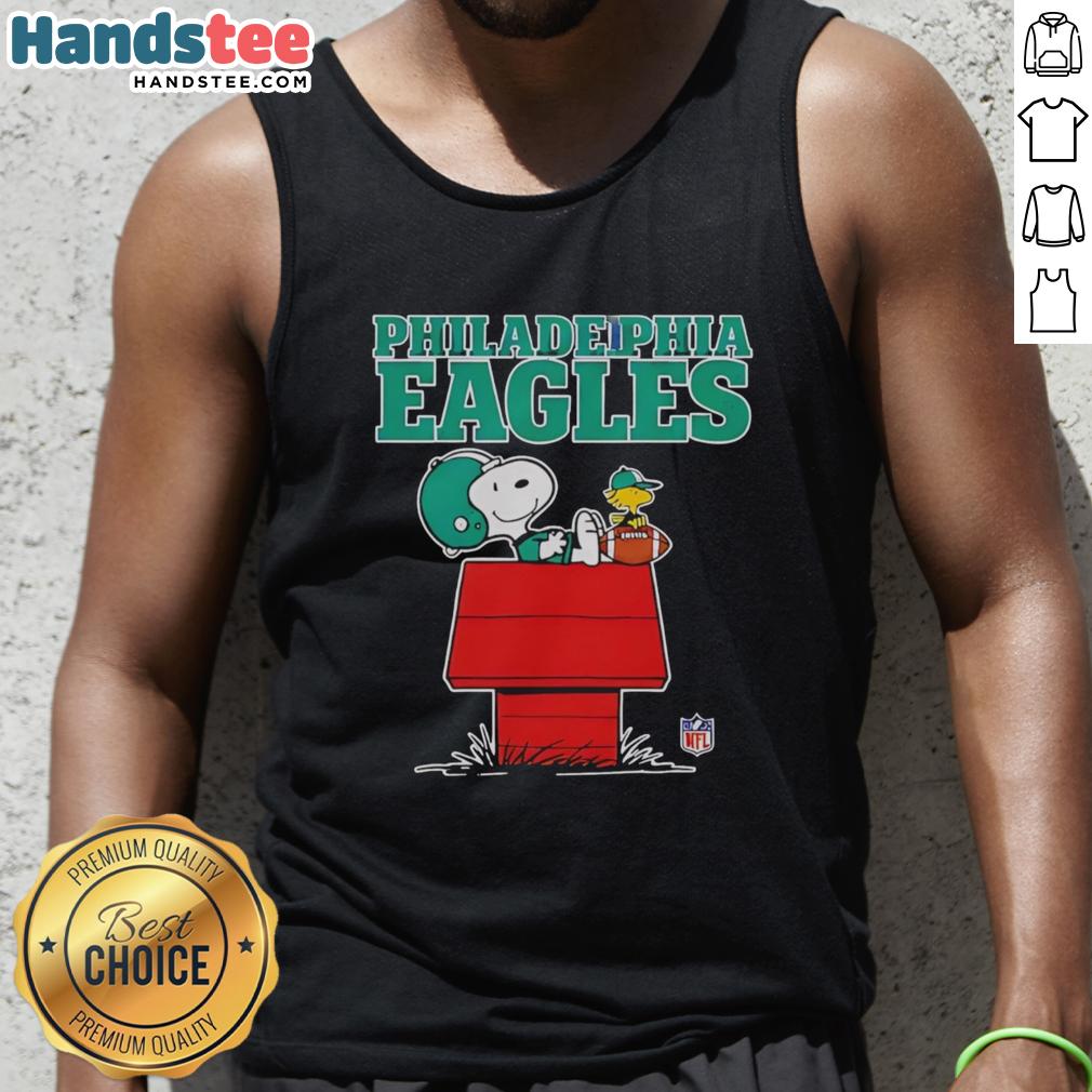 Snoopy chilling with a football in a Philadelphia Eagles tank top, Peanuts style, perfect for fans.