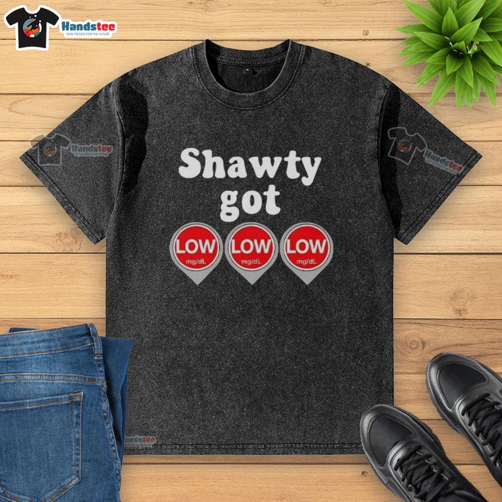 Alt Text: Awesome Shawty Got Low Diabetes washed t-shirt featuring a stylish design, perfect for diabetes awareness and fashion.