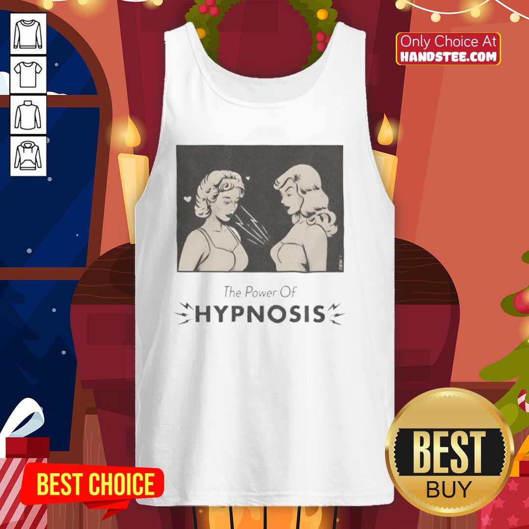 Two girls wearing 'The Power of Hypnosis' tank top, showcasing friendship and style in a vibrant outdoor setting.