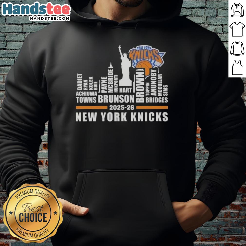 Cute 2025-26 New York Knicks Basketball hoodie featuring city skyline design and player names, perfect for fans.